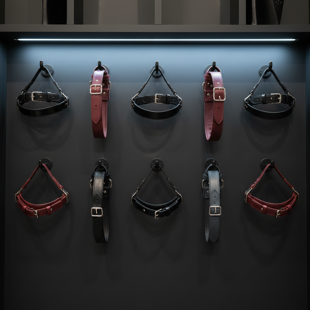 An elegant wall-mounted display of BDSM collars and restraints in a discreet Kent studio: each piece suspended on individual matte black hooks against a deep charcoal wall panel. The collars range from sleek black patent leather with chrome buckles to textured, padded leather in subtle wine and slate tones, all impeccably crafted. A narrow LED strip runs along the top of the display, casting cool, even light that accentuates the materials’ textures and precise stitching. Soft reflections ripple across the metal hardware, while the surrounding room remains in soft focus. Photographic realism with a straight-on, centered composition creates a gallery-like presentation. The atmosphere is refined, curated, and unmistakably professional, emphasizing quality and discretion over spectacle.