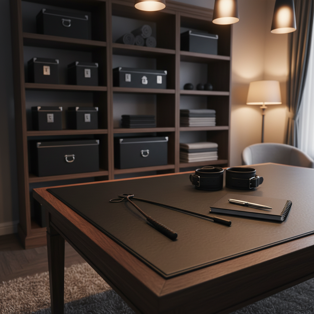 A luxurious BDSM consultation space featuring a heavy, black leather-topped table with precision-arranged tools: a slim riding crop, a pair of padded cuffs, and a closed, discreet black notebook with a silver pen resting on top. Behind, a dark wooden shelving unit holds neatly organized lockable storage boxes and folded linens in monochrome tones. Warm, low-key overhead lighting and a subtle floor lamp create a professional, confidential mood, casting soft shadows that define the contours of each object. Photographic realism with an eye-level composition and moderate depth of field keeps all key elements sharp, while the far corners of the room fade gently into softness, suggesting privacy, discretion, and expert preparation.