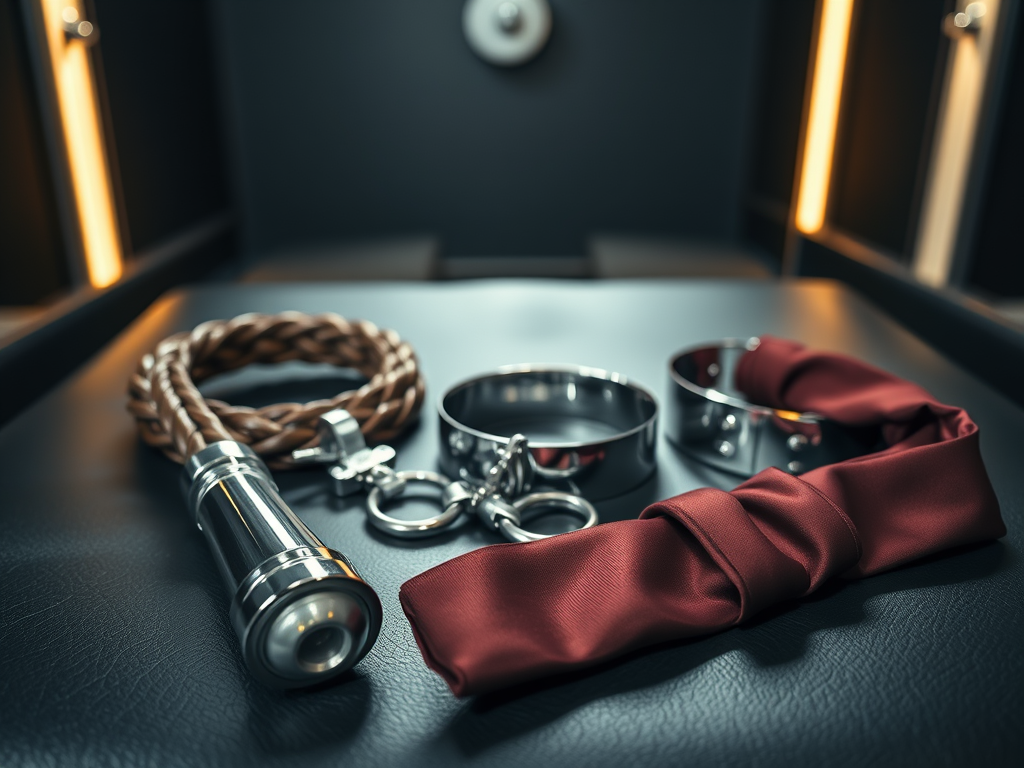A meticulously arranged collection of BDSM implements laid out on a matte black leather surface: a coiled braided leather flogger, polished stainless steel restraints, a gleaming chrome collar, and a neatly folded blindfold of deep burgundy satin. The setting is a discreet, upscale dungeon room, with dark charcoal walls and a single spotlight overhead. Soft, directional studio lighting creates crisp highlights along the metal edges and subtle reflections in the leather grain, while the background falls into a tasteful blur. Photographic realism emphasizes texture and craftsmanship, conveying a professional, controlled atmosphere. Shot from a slightly elevated angle with a shallow depth of field, the composition is balanced and minimal, evoking sophistication and authority without any human presence.