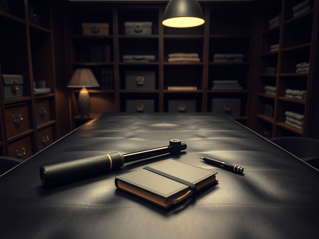 A luxurious BDSM consultation space featuring a heavy, black leather-topped table with precision-arranged tools: a slim riding crop, a pair of padded cuffs, and a closed, discreet black notebook with a silver pen resting on top. Behind, a dark wooden shelving unit holds neatly organized lockable storage boxes and folded linens in monochrome tones. Warm, low-key overhead lighting and a subtle floor lamp create a professional, confidential mood, casting soft shadows that define the contours of each object. Photographic realism with an eye-level composition and moderate depth of field keeps all key elements sharp, while the far corners of the room fade gently into softness, suggesting privacy, discretion, and expert preparation.