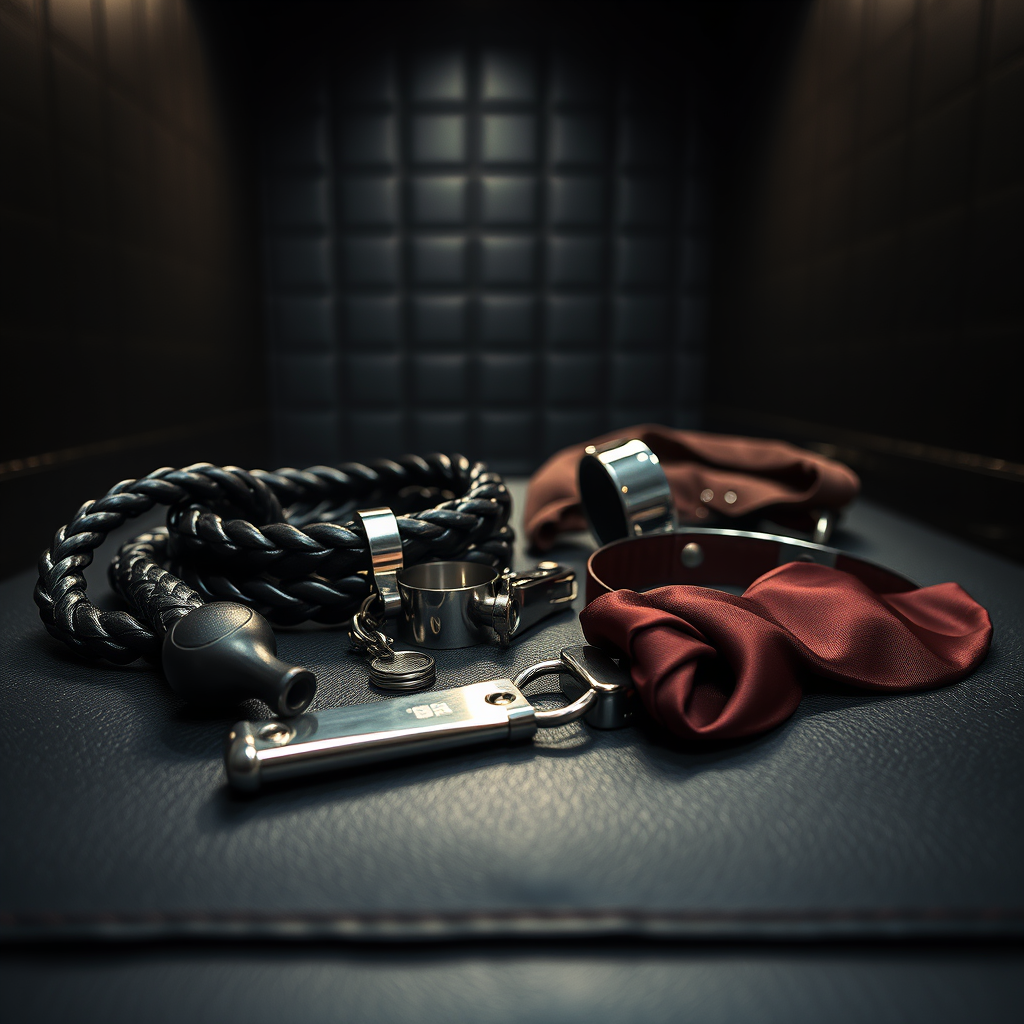 A meticulously arranged collection of BDSM implements laid out on a matte black leather surface: a coiled braided leather flogger, polished stainless steel restraints, a gleaming chrome collar, and a neatly folded blindfold of deep burgundy satin. The setting is a discreet, upscale dungeon room, with dark charcoal walls and a single spotlight overhead. Soft, directional studio lighting creates crisp highlights along the metal edges and subtle reflections in the leather grain, while the background falls into a tasteful blur. Photographic realism emphasizes texture and craftsmanship, conveying a professional, controlled atmosphere. Shot from a slightly elevated angle with a shallow depth of field, the composition is balanced and minimal, evoking sophistication and authority without any human presence.