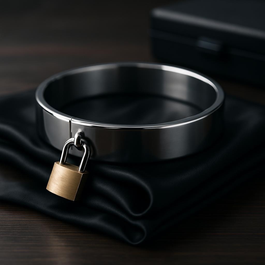A close-up, photographic realistic study of a polished stainless steel locking collar resting on a folded, jet-black silk cloth atop a dark wood table. The collar’s surface is mirror-smooth, catching a subtle gradient of soft, diffused studio light from one side, with a single, small padlock hanging at the front. The silk beneath forms gentle, flowing folds, its matte sheen contrasting with the collar’s reflective finish. In the softly blurred background, the edge of a closed, unmarked black storage case suggests professional organization. Shot with a macro lens and very shallow depth of field, the collar and padlock are razor sharp while everything else melts into bokeh. The mood is intimate, controlled, and luxurious, evoking precision and authority without depicting any wearer.