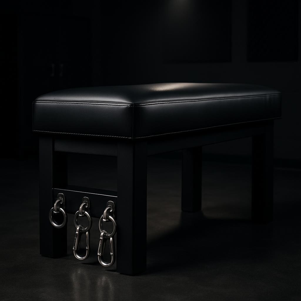 A professional dungeon bench upholstered in black, tightly stretched leather with precise, reinforced stitching, positioned in the center of a dimly lit room. At the bench’s base, a set of heavy-duty D-rings and carabiners in brushed steel gleam under a narrow beam of overhead light. The floor is a dark, polished concrete that catches faint reflections. In the background, tastefully blurred silhouettes of locked cabinets and soundproofing panels hint at a carefully controlled environment. Dramatic, directional lighting from above and one side creates strong contrasts, emphasizing structure and durability. The mood is authoritative, clinical, and meticulously ordered. Captured in photographic realism from a low-angle perspective, the bench dominates the frame, highlighting professionalism and high-end equipment without any human figures.
