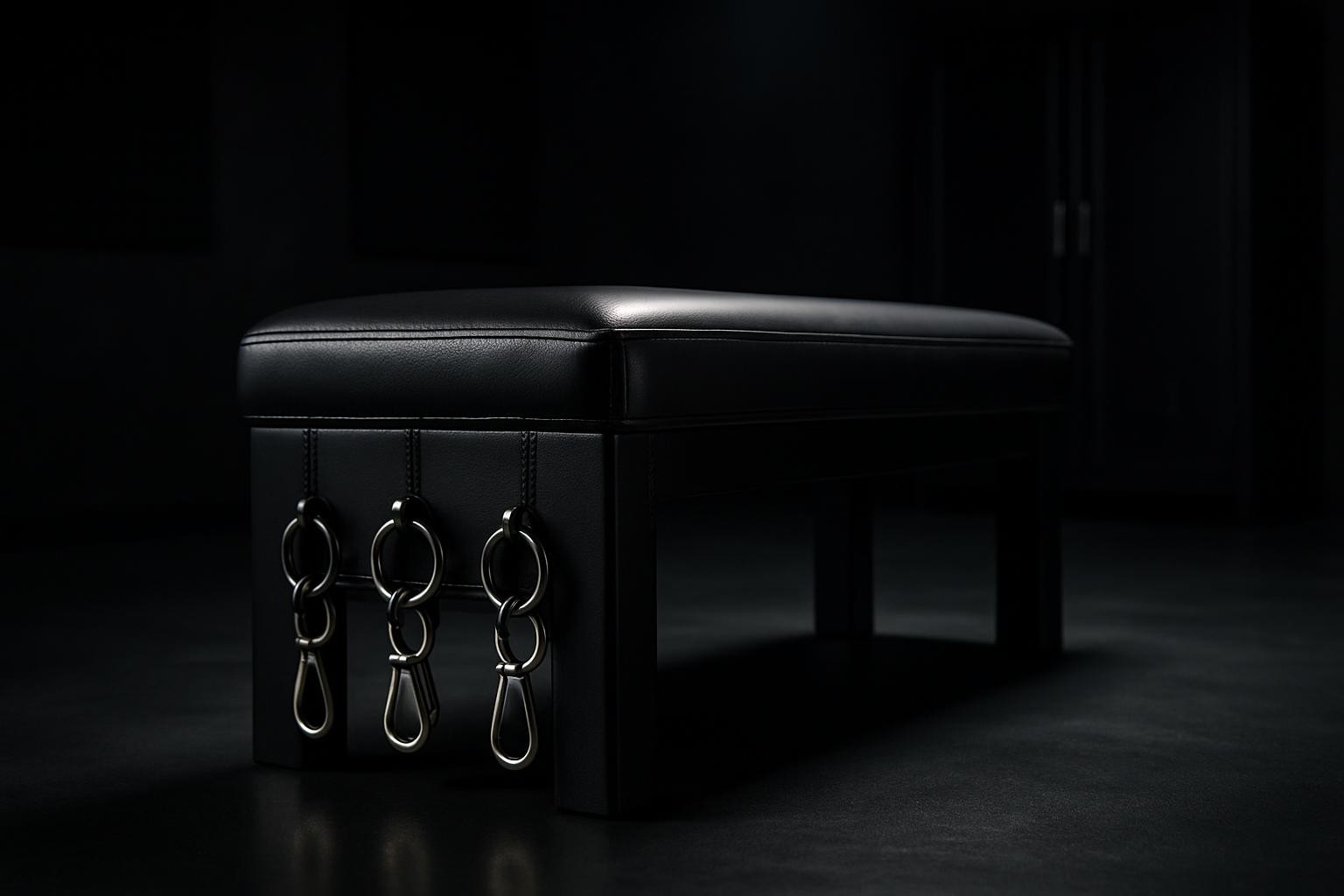 A professional dungeon bench upholstered in black, tightly stretched leather with precise, reinforced stitching, positioned in the center of a dimly lit room. At the bench’s base, a set of heavy-duty D-rings and carabiners in brushed steel gleam under a narrow beam of overhead light. The floor is a dark, polished concrete that catches faint reflections. In the background, tastefully blurred silhouettes of locked cabinets and soundproofing panels hint at a carefully controlled environment. Dramatic, directional lighting from above and one side creates strong contrasts, emphasizing structure and durability. The mood is authoritative, clinical, and meticulously ordered. Captured in photographic realism from a low-angle perspective, the bench dominates the frame, highlighting professionalism and high-end equipment without any human figures.